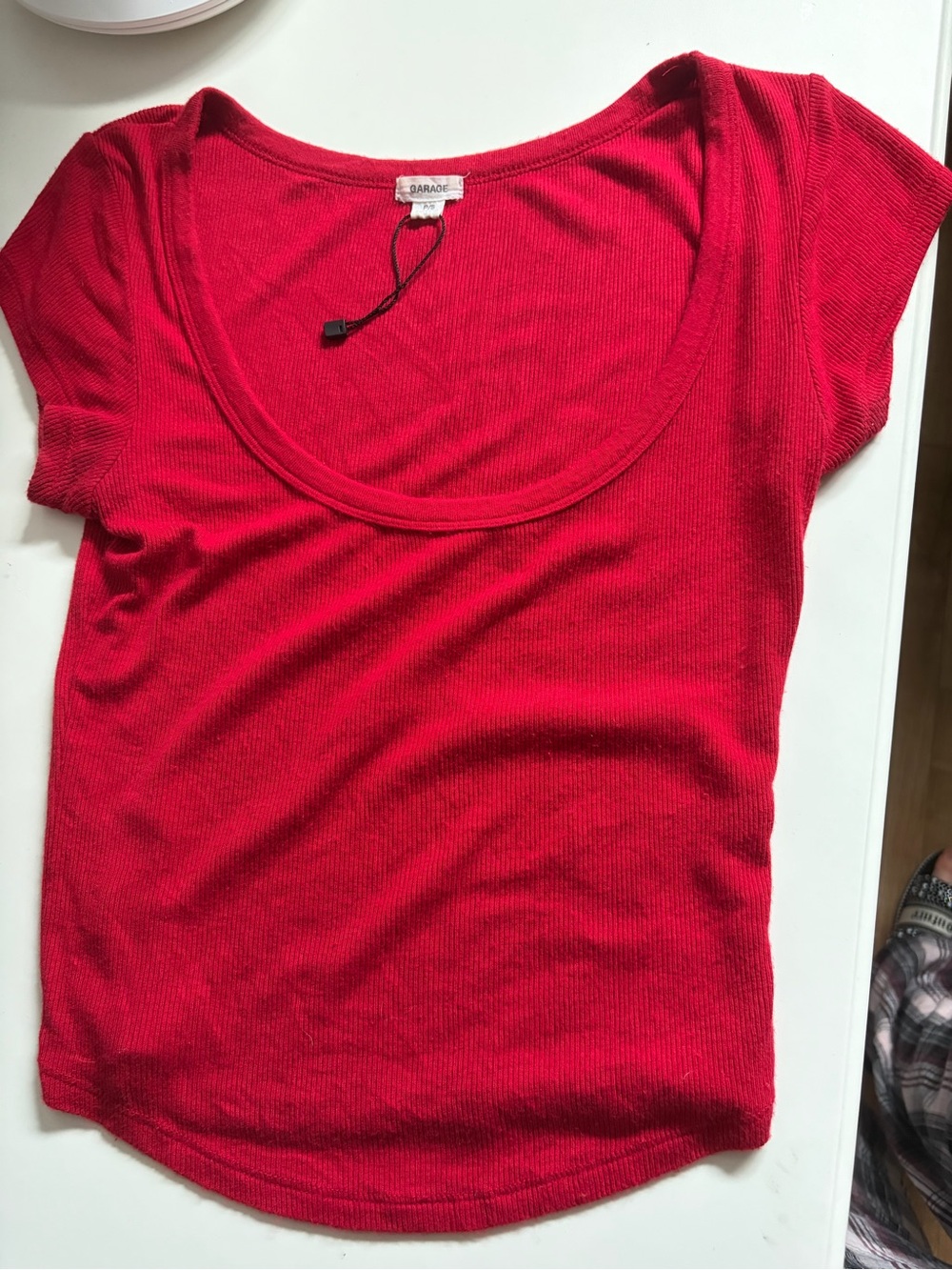 Garage Red Scoop Neck Ribbed Short Sleeve Tee